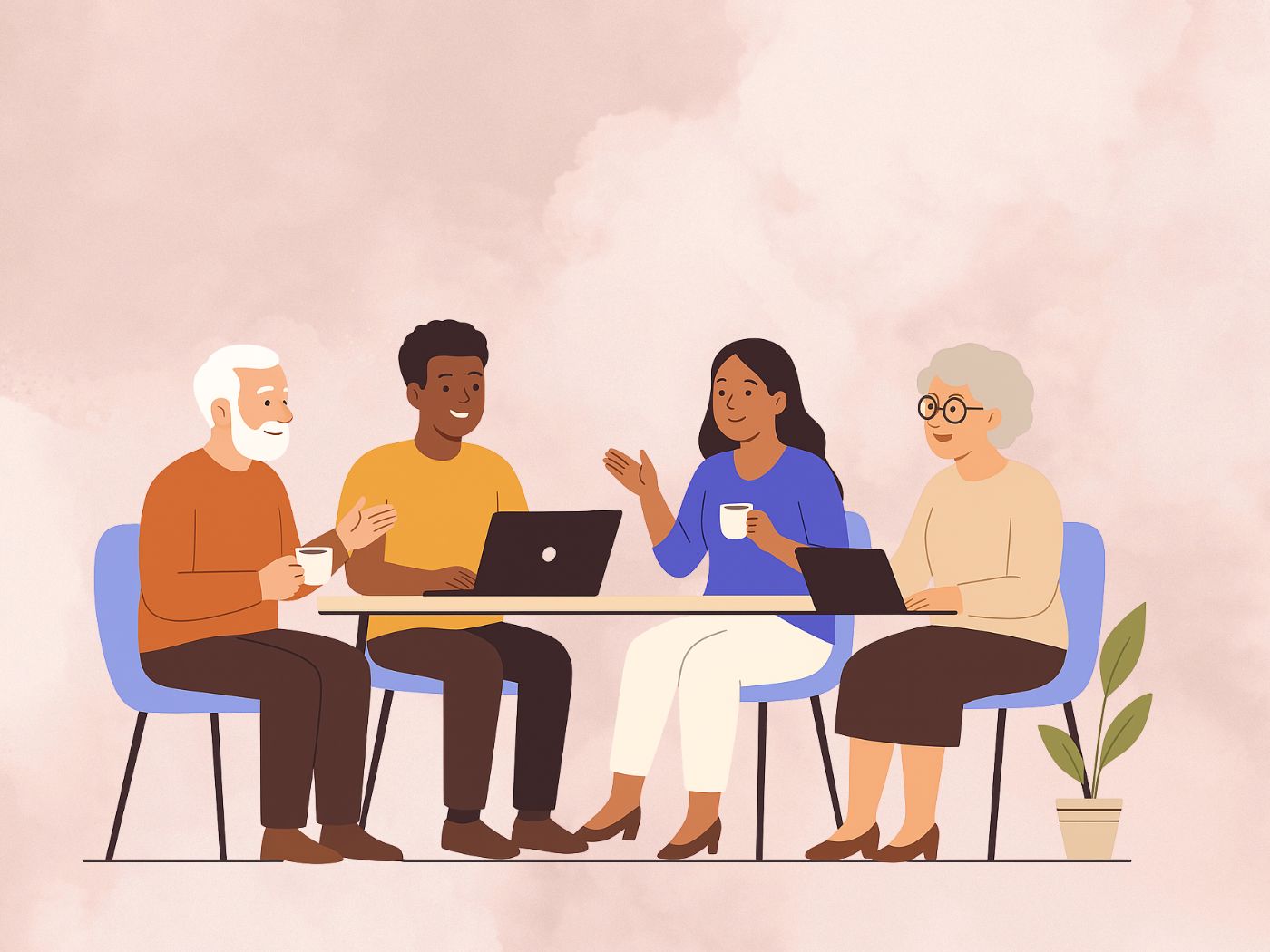 Une table, un ordinateur posé dessus et des gens en train de parler autour avec une tabelette et un téléphone sur fond beige